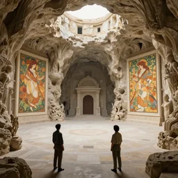 fantasy scifi scene andreas rocha and canaletto and mucha and noriyoshi ohrai of very deep cavernous sinkhole inside monastir de pedralbes large courtyard, fountain of youth and stairs inside the sinkhole, sphere inside the sinkhole, sunny morning light, fine details, 4 k, very wide close establishing shot