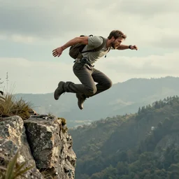 young nathan drake jumping off a cliff, highly detailed