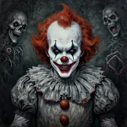 michal karcz grunge painting of the eerie view of a clown, monster and horror theme. monster theme, detailed, elegant, intricate, 4 k,