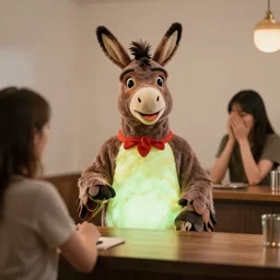 a 3 5 mm candid photo of a man wearing an absurd cool farmer donkey bird show mascot costume on a date with an embarrassed beautiful woman at a bar, minimal color palette, glowing hong kong neon sign lights,, photographed by petra collins, sharp focus, digital art, high detail, 8 k, unreal engine, cinema 4 d, film grain, octane render,