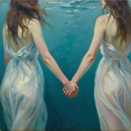 an oil painting of two women under water holding hands, photo realistic, intricate details, flowing dresses and hair, volumetric lighting, Jennifer packer style