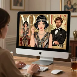 apple imac monitor, woman using computer, vogue magazine, vintage roaring 1 9 2 0 s flapper, interior design, greg rutkowski, john singer sargent, anime, trending on artstation, intricate