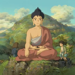 buddhism, mountain, in the style of studio ghibli, j. c. leyendecker, greg rutkowski, artem