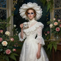 painting on wall full body fashion model emma watson by Winslow Homer smokey eyes makeup eye shadow fantasy, glow, shimmer as victorian woman in a long white frilly lace dress and a large white hat having tea in a sunroom filled with flowers, roses and lush fern flowers ,intricate, night, highly detailed, dramatic lighting , high quality