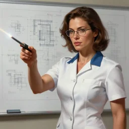 epic portrait of slightly muscular brown woman wearing short sleeved white uniform, instructing with laserpointer, blueprint for background, glasses, detailed, digital painting, artstation, concept art, donato giancola, joseph christian leyendecker, wlop, boris vallejo, breathtaking, 8 k resolution, extremely detailed, beautiful, establishing shot, artistic, hyperrealistic, beautiful face, octane render