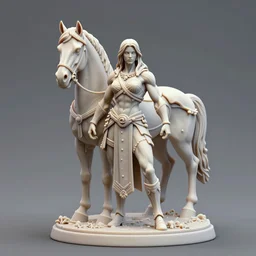 80mm resin detailed miniature of a Muscular Woman warrior standing next to a Horse, beautiful bone structure, symmetrical facial features, Product Introduction Photos, 4K, Full body, simple background