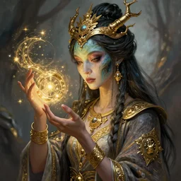 beautiful ancient witch with alien face uses gold magic, highly detailed, digital painting, artstation, sharp focus, illustration, art by tan zi and ayanamikodon and alphonse and wlop