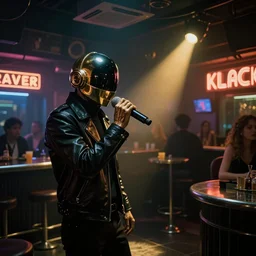 daft punk singing singing karaoke in a rundown cyberpunk bar