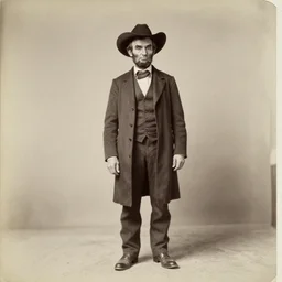abraham lincoln wearing a cowboy hat, portrait, full body, symmetrical features, silver iodide, 1 8 8 0 photograph, sepia tone, aged paper, sergio leone, master prime lenses, cinematic