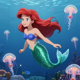 dreamy portrait of a beautiful mermaid Ariel swimming underwater around bioluminiscent jellyfishes and fishes, anime, volumetric lighting, smooth 4k