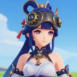 a game screenshot of genshin impact, an ancient chinese princess with steampunk mask, dynasty warriors, 3 d anime, unity, 8 k, blue color scheme, headshot, highly detailed, smooth, aesthetic