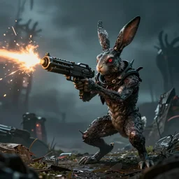 mutant rabbit hellspawn shoots minigun, film still