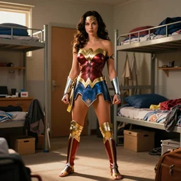 wonder woman at college with bare feet. dorm room, cosplay