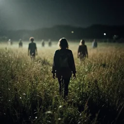 lomo photograph of zombies walking through tall grass on an open field, bokeh, out of focus, dramatic lighting, night, dark, detailed, grainy, fog