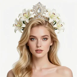 beautiful blonde young woman wearing an elaborate jeweled headdress with lilies portrait by frank cadogan cowper, maxfield parrish, william morris, edmund dulac, and alphonse mucha, beautiful refined detailed dreamscape