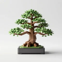 low-poly bonsai tree, studio photography, full body, isolated on a pure white background, centered, entire subject in frame, sharp focus, soft studio lighting