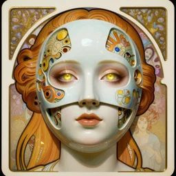 A close-up portrait of a beautiful female cyborg wearing a segmented porcelain mask by Alphonse Mucha, exposed inner structure, brightly glowing eyes, art nouveau card, wlop, trending on artstation