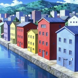 wharf, [ red - yellow - blue buildings ], city on mountainside in distance, japanese city, cel - shading, 2 0 0 1 anime, flcl, jet set radio future, the world ends with you, sunshine, cel - shaded, strong shadows, vivid hues, y 2 k aesthetic, art by artgerm