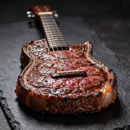 A perfectly guitar shaped perfectly cooked medium rare steak, food photography, 35mm, macro
