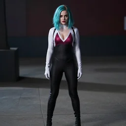 full - body film still of bella thorne cosplaying as gwen from total drama island, teal hair, goth aesthetic, focus on facial details, focus on full - body, cinematic lighting, realistic shadows
