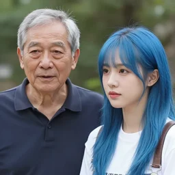 picture of a two persons : : first person is a old male : : second person is a young female lady with blue hair - g