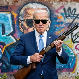 graffiti of joe biden with sunglasses and a shotgun