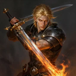 portrait of an aasimar paladin blond young man with amber eyes wielding his flaming blade, strong, sofisticated, fantasy, highly detailed, digital painting, artstation, concept art, character art, art by greg rutkowski and tyler jacobson and alphonse mucha