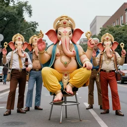 Six armed Joe Biden Ganesha 1970s street performer, spectacular quality, surrealism photography masterpiece, perfect composition