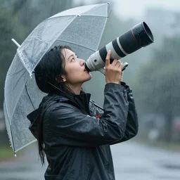 woman standing in the rain looking up, long lens, anamorphic, photography