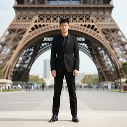Man in black suit standing in front of the eiffel tower over the body of a giant ant, foreground focus, black and white B&W, vintage photograph, Historical Archive