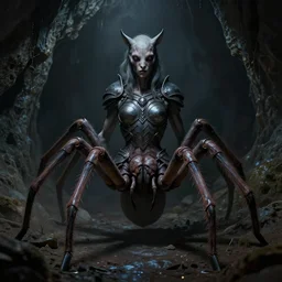 creepy matte painting of a female centaur with eight spider legs in a dark cave wearing armor on the chest, ultra detailed, monster, half human half spider, human torso and head, spider thorax, creature design, concept art, 8 k, moody lighting, muted colors, blue tone light, dramatic lighting, realistically proportioned face