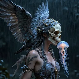 hyperrealism, night background rain, 3 / 4 profile portrait of a goddess, jellyfish skull phoenix crow wings, artwork by tooth wu and wlop. octane render, trending on artstation, greg rutkowski cinematic, hyper realism, high detail, octane render, 8 k