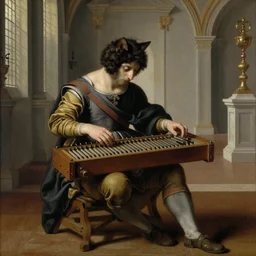Painting of a half man half cat creature playing the hurdy gurdy in a grand hall, hyperrealistic