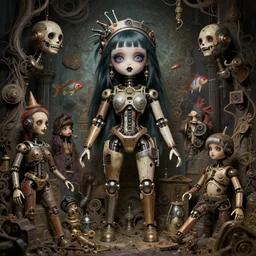 highly detailed wide - angle portrait of a retro mechanical goth doll, nicoletta ceccoli, mark ryden, lostfish, earl nore, hyung tae, frank frazetta, global illumination, detailed and intricate environment