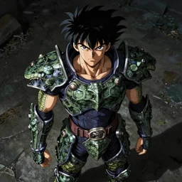 anime of young man with facial hair, brown eyes, full body, reptile armor by akira toriyama hyper realistic, dark fantasy detailed, high definition insanely detailed, bitter, wide angle lens dark lighting, moody lighting
