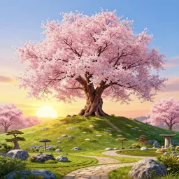 a beautiful cherry tree on top of a hill, sunset, zen garden, an ultrafine hyperdetailed illustration by kim jung gi, irakli nadar, intricate linework, bright colors, octopath traveler, final fantasy, unreal engine highly rendered, global illumination, radiant light, detailed and intricate environment