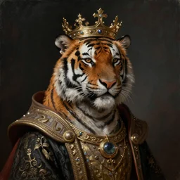 an oil painting portrait of a tiger wearing medieval royal robe and an ornate crown on a dark background, digital Art, concept Art, highly detailed, 3-D 4K, trending on art station, Award winning, Mark Brooks