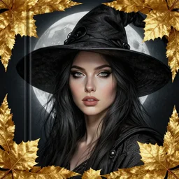 golden leaves at frame border, creative!!! composition for a book cover, moon, beautiful portrait painting, a female witch absurdly beautiful, ultrafine hyperrealistic detailed face by wlop and artgerm and greg rutkowski, intricate linework, sharp focus, smooth, octopath traveler, final fantasy, unreal engine, dramatic lighting, ethereal, 8 k