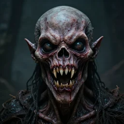 A portrait of a horrid abomination with sharp teeth, empty eye sockets, dark fantasy
