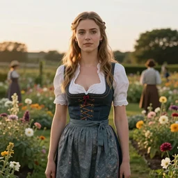 gillian jacobs staring ahead, wearing a lowcut folklore dirndl in a flower garden, golden hour, artstation, by j. c. leyendecker, george hitchcock and peter paul rubens,
