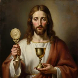 portrait painting of a jesus holding a eucharist and chalice, ultra realistic, concept art, intricate details, highly detailed, photorealistic, octane render, 8 k, unreal engine. art by artgerm