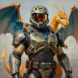master chief as charizard, oil on canvas, intricate, portrait, 8 k highly professionally detailed, hdr, cgsociety