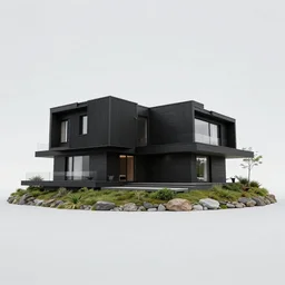 a black modern mansion on an island by itself, award winning, 8k, ultra realistic,