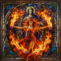 ultra realist breathtaking detailed soft painting of a beautiful fire dancer girl, long fire hair and flying dress of fireflies, symmetrical facial features, christian saint in the middle of a stained glass of flames, intricate art nouveau frame, by Tom Bagshaw, anato finnstark, trending on artstation