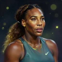 portrait of Serena Williams, mystical lighting, fireflies bokeh, highly detailed, digital painting, artstation, concept art, smooth, sharp focus, illustration, art by artgerm and greg rutkowski and alphonse mucha