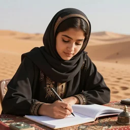 a young bedouin lady at doing her homework at a desk in the sahara desert