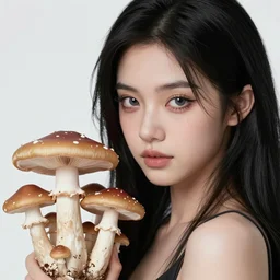 mushrooms from the movie tron, goth girl with a detailed face and black hair, burlesque psychobilly, rockabilly, punk, wide angle shot, white background, vector art, illustration by frank frazetta