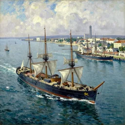 british ships shoot at port of Lagos, from above, 1905, brightly coloured oil on canvas, by ilya repin