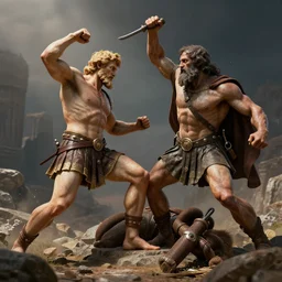 odysseus battling the cyclops, classical art, highly detailed, volumetric lighting, unreal engine