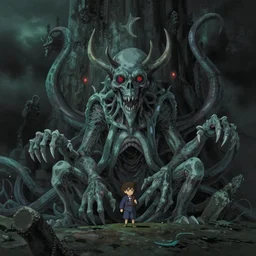 still image from the new studio ghibli animated film, kraken vs cthulhu, lovecraftian, thalassophobia